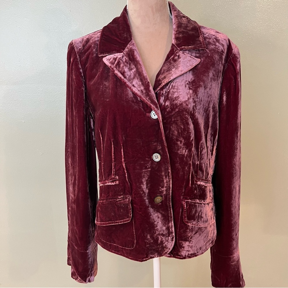 Fair Indigo Womens Burgundy Silk Blend Velvet Soft Shiny 3 Button Blazer Sz 16